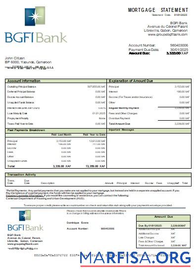 Printable Cameroon BGFI bank mortgage statement scr template